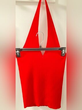 NWT Double Zero Medium Red Ribbed Knit Halter Top Deep V-Neck